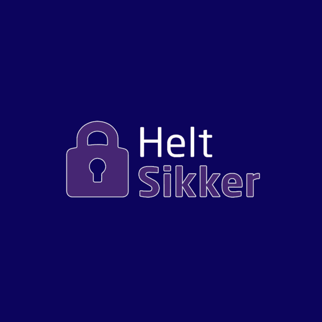 Purple padlock icon next to 'Helt Sikker' text on a dark blue background.