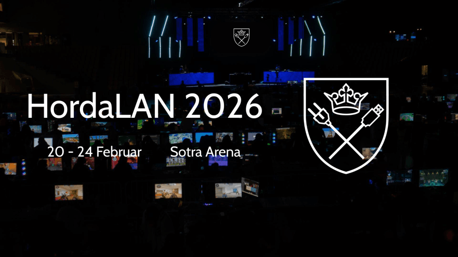 HordaLAN 2026 event details and logo over a dimly lit LAN party with many screens.