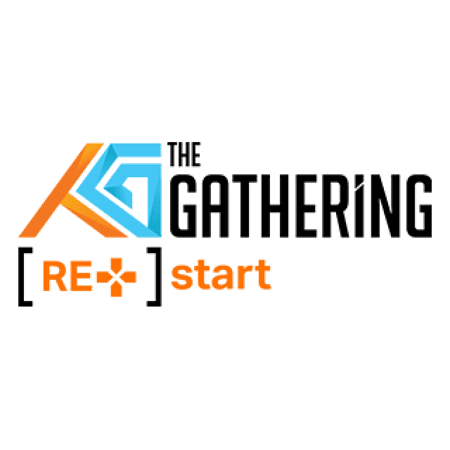 Logo for 'THE GATHERING [RE+] start' with stylized K and G characters in orange and blue.