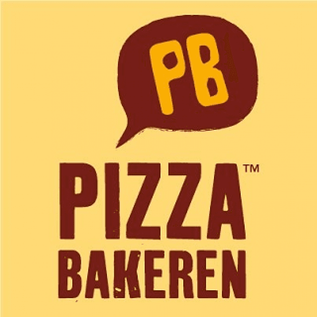 Pizza Bakeren logo with 'PB' initials in a speech bubble on a yellow background.