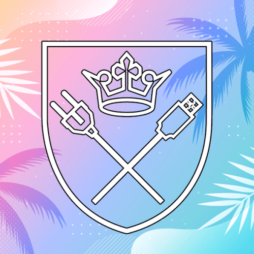 Crest with crown, crossed power plug and USB symbol on a pastel gradient background.