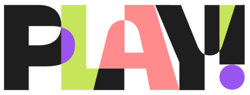 Stylized text 'PLAY!' in black with overlapping green, red, and purple sections.