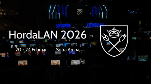 HordaLAN 2026 event details and logo over a dimly lit LAN party with many screens.