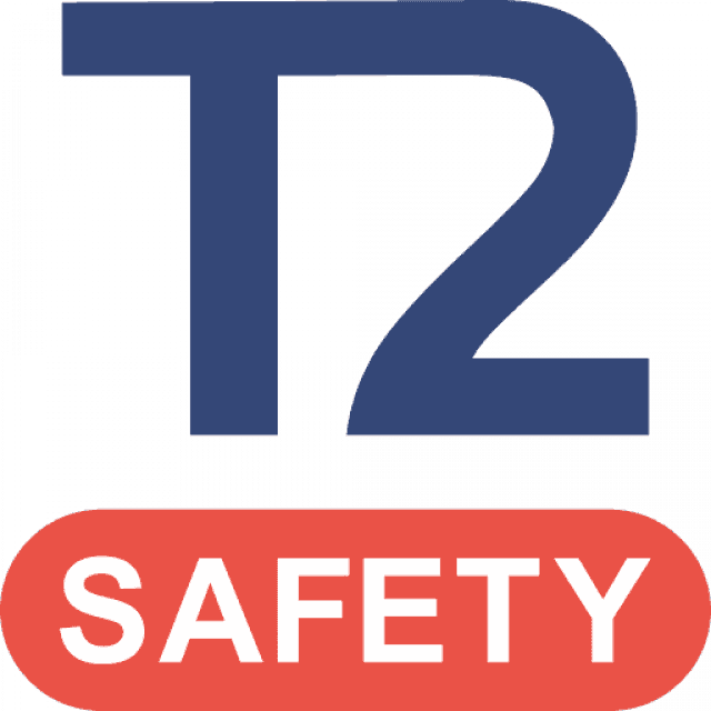 Logo displaying blue stylized 'T2' over a red bar with 'SAFETY' text.