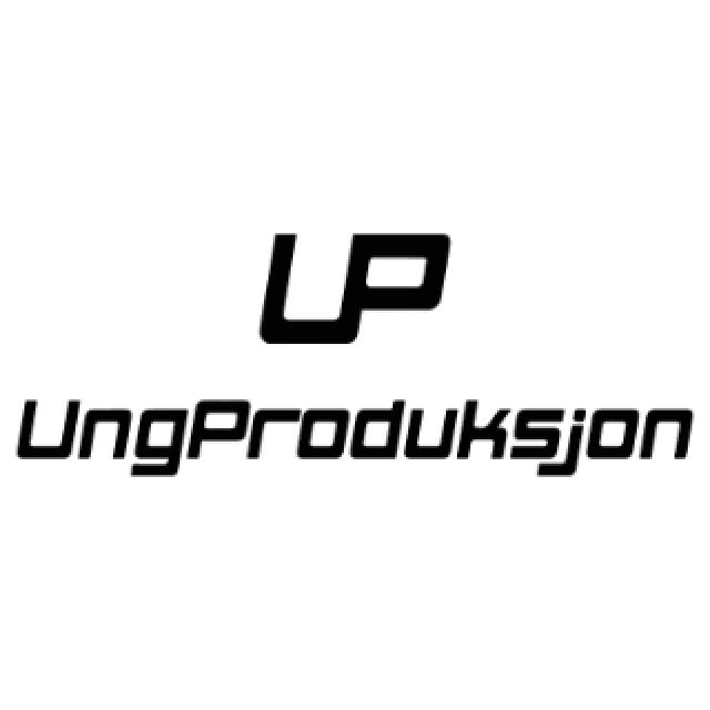 Black stylized logo for UngProduksjon with 'UP' initials above the full name.